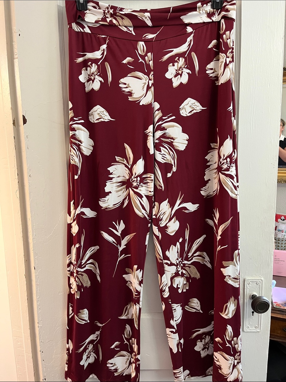 White Mark Burgundy Floral Wide-Leg Pants with Cream Blooms
